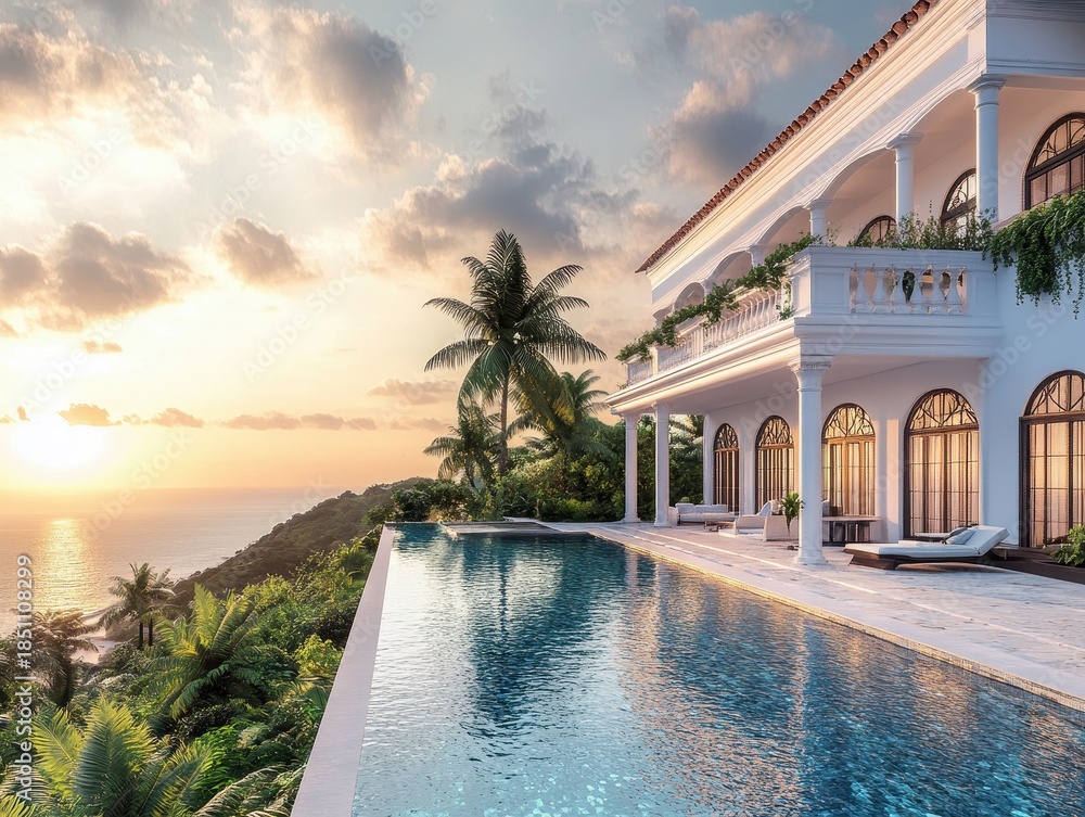 Fototapeta premium Luxurious Villa with Infinity Pool Overlooking Sunset Sea View