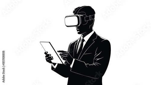 A professional man utilizing virtual reality technology and interacting with a digital interface