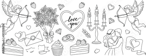 Valentine's Day line art icon set featuring cupids rose bouquet kissing couple and romantic wedding elements for greeting card and invitation design