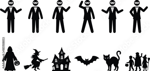 Masked tuxedo and Halloween silhouette set, costume styles, cad drawing flat vector artwork