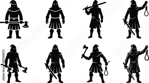 Medieval executioner silhouette illustration set, weapon poses, cad drawing flat vector artwork design