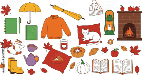 Cozy autumn lifestyle icon collection featuring fireplace sleeping cat warm sweater and fall tea elements for hygge home and seasonal comfort design