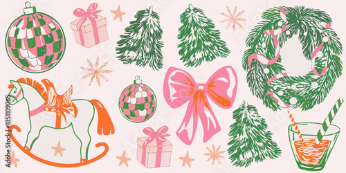 Festive holiday illustrations ornaments rocking horse gifts and winter greenery