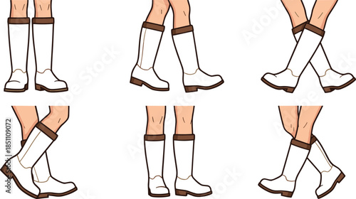 Collection of six walking cycle positions featuring legs in white and brown boots for 2D animation guide and footwear fashion illustration