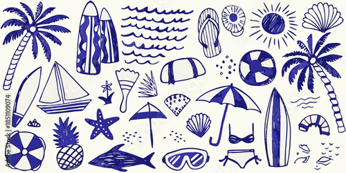 A collection of blue and white hand drawn summer themed illustrations