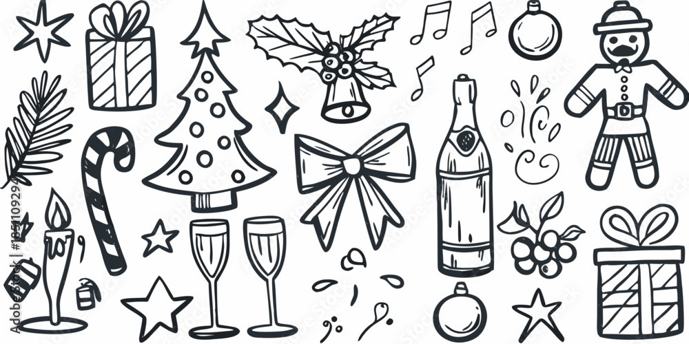 Obraz premium Doodle style christmas elements gifts champagne ornaments and festive decorations
