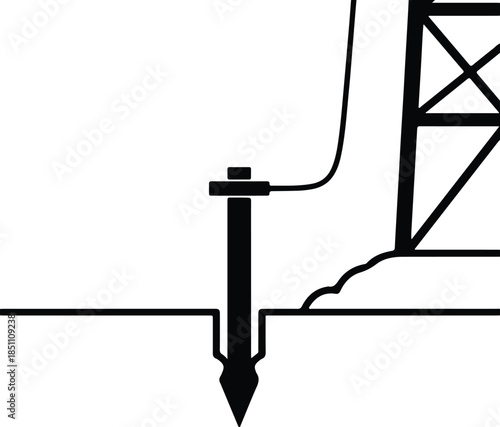Silhouette electrical earthing system grounding rod connected to power pole base Vector Illustration