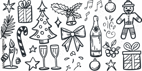 Doodle style christmas elements gifts champagne ornaments and festive decorations