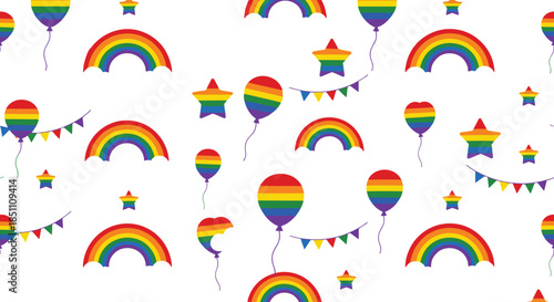 Seamless pattern with rainbow pride symbols featuring balloons stars and bunting flags on white background for LGBTQ inclusivity event decor and textile design