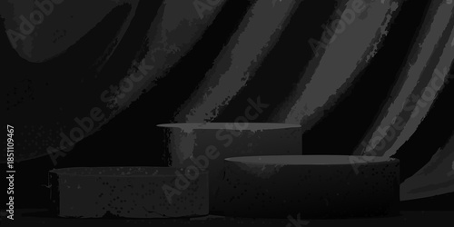 Abstract dark gray pedestal display with draped fabric background