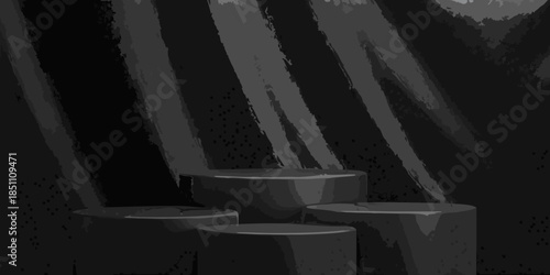 Dramatic spotlight illuminates three cylindrical pedestals in a dark abstract setting