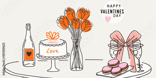 A festive valentine s day spread with flowers cake and champagne