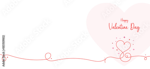 Happy Valentine's Day Header with Continuous Line Art Heart and Sparkles, Minimalist Romantic Banner with Copy Space on White Background, Elegant Love Greeting Vector Illustration