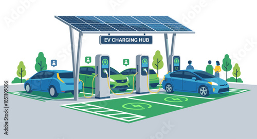 Electric cars charging at solar powered EV station