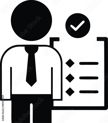 Professional standing next to a checklist with a completed task icon, symbolizing job performance