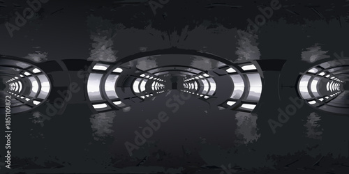 An endless mirrored hallway with circular light fixtures creates a futuristic illusion