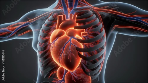 3D visualization of the human heart and intricate circulatory system, glowing within a translucent body, illustrating vital anatomical structure and physiological function