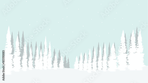 A pine forest in a snow-covered, foggy, and cold valley.