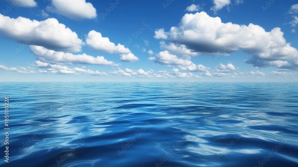 Fototapeta premium Serene Ocean Waves Under Bright Blue Sky with Fluffy White Clouds