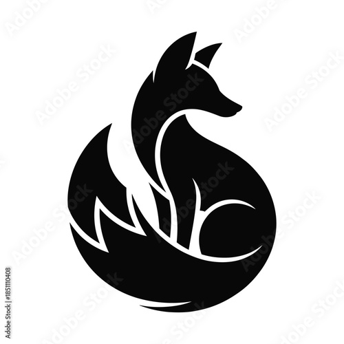 Black silhouette of a fox curled up in a circle logo