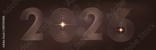 Happy new year 2026. Holiday greeting luxury card design. 3D Shiny gold realistic numbers isolated on dark brown background. 