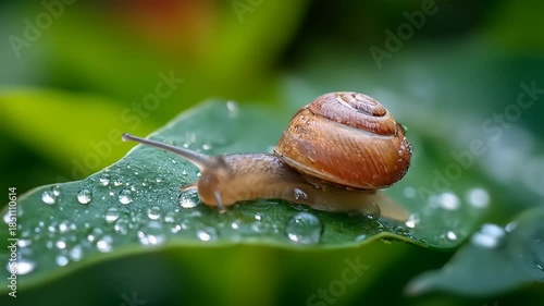 Snail on a green leaf with water droplets close up in natural environment
