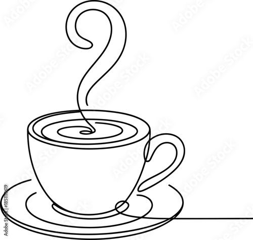 A single continuous line drawing illustrates a steaming hot coffee cup sitting on a matching saucer