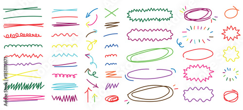 Vibrant handdrawn doodle design elements collection featuring various lines arrows and shapes for creative projects