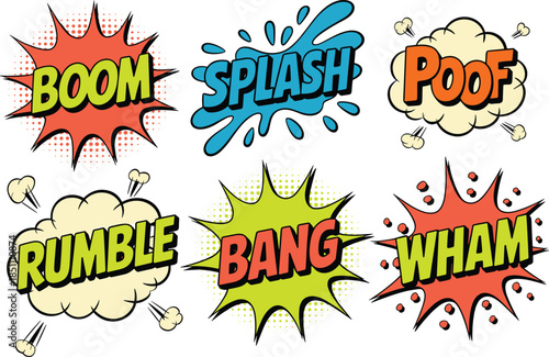 Comic sound effects illustration set, boom splash bang wham poof rumble, pop art explosions, vintage comic style design