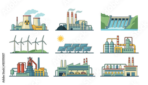 Industrial factories and eco friendly renewable energy sources set