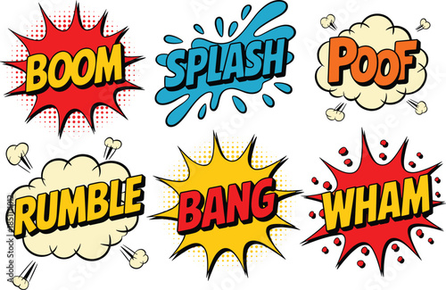 Comic sound effects illustration set, boom splash bang wham poof rumble, pop art explosions, vintage comic style design