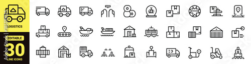 A collection of thirty six logistics and transportation vehicle line icons in a grid format