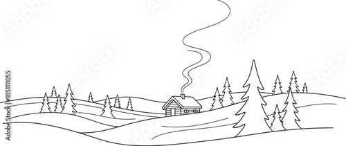 Simple black and white line art drawing of a cozy winter cabin nestled among pine trees on rolling hills