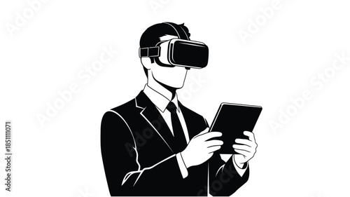 A professional man in a suit using virtual reality and interacting with a tablet