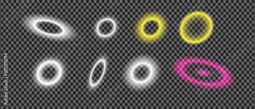 Set of glowing neon rings abstract light effects cosmic orbits magic portal elliptical shapes realistic vector illustration