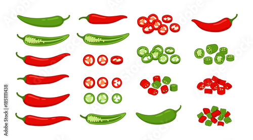 Red and green chili peppers whole and chopped