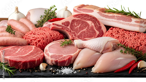 Raw fresh meat assortment including steak, chicken, pork, and bacon isolated on white background.