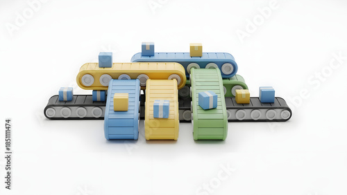 A network of interconnected conveyor belts moves miniature products with efficiency and precision, symbolizing seamless production and logistics.