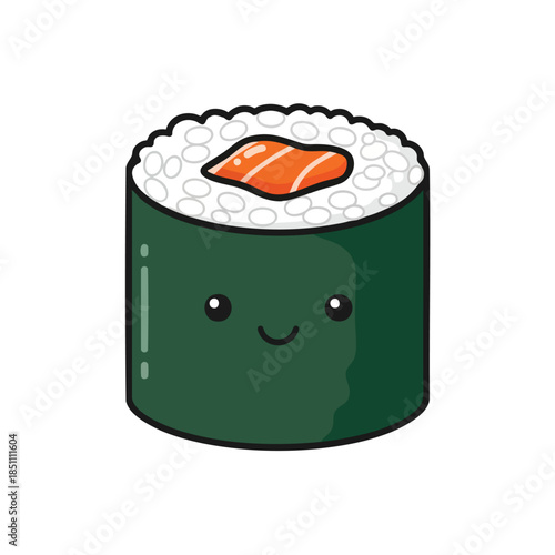 Cute cartoon sushi roll with salmon on top and a friendly face