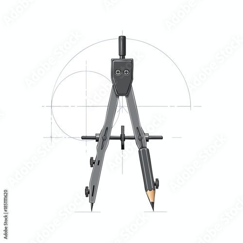 A drawing compass with pencil, over faint geometric lines on white