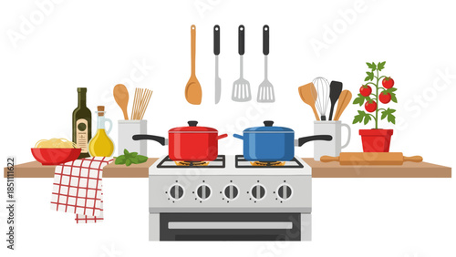 A detailed illustration of a kitchen stove with cooking utensils, pots, and ingredients, set against a backdrop of shelves stocked with culinary items