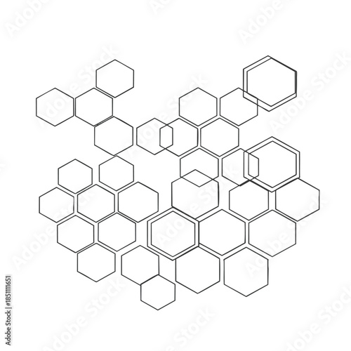 A black and white geometric design of interconnected polygons