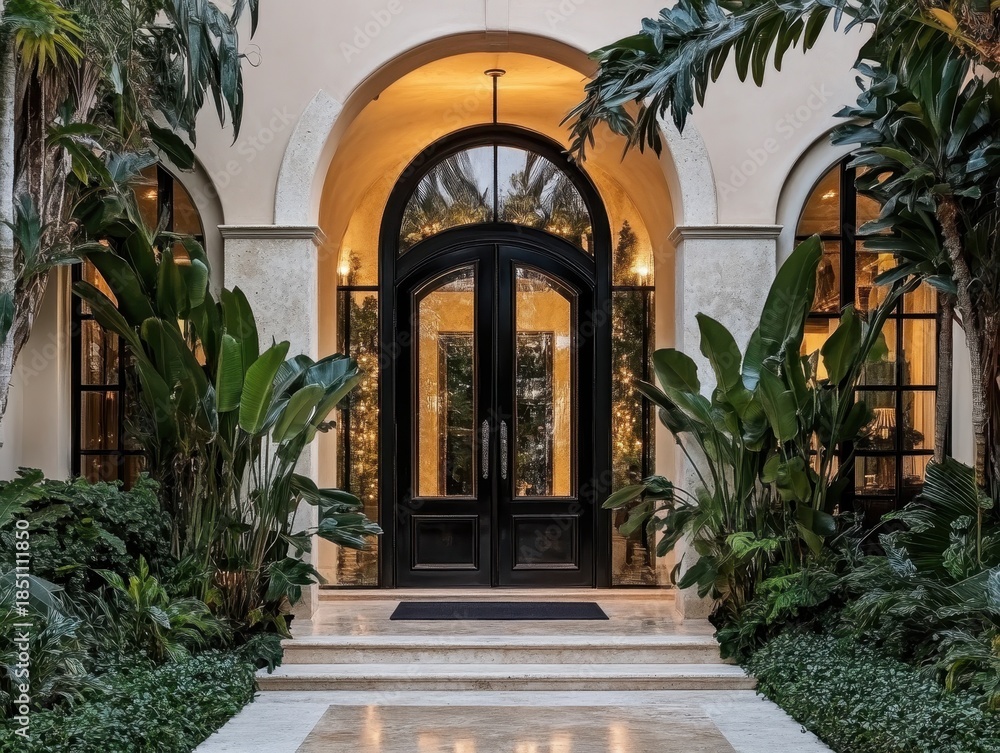 Fototapeta premium Elegant Entrance with Arched Doorway Surrounded by Lush Greenery