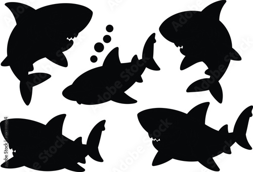 Cute cartoon shark character set with different poses, smiling sea predator illustrations, colorful aquatic animal vector design