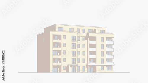 Architectural drawing of a contemporary multi story apartment building facade with multiple windows and balconies