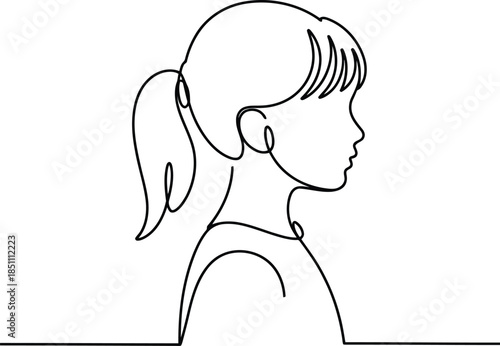 Simple continuous line art drawing captures the profile of a young girl with a charming ponytail