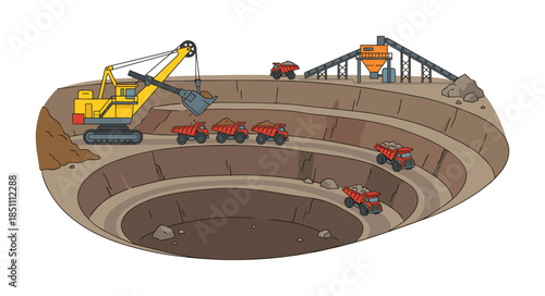 Mining machines working in a large open pit producing raw materials