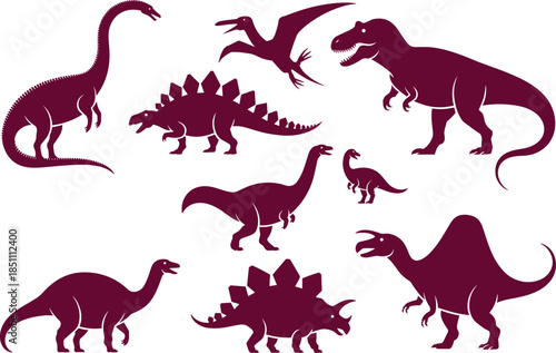 Dinosaur silhouette icon set with tyrannosaurus stegosaurus and flying reptiles, prehistoric animal collection in black vector style
