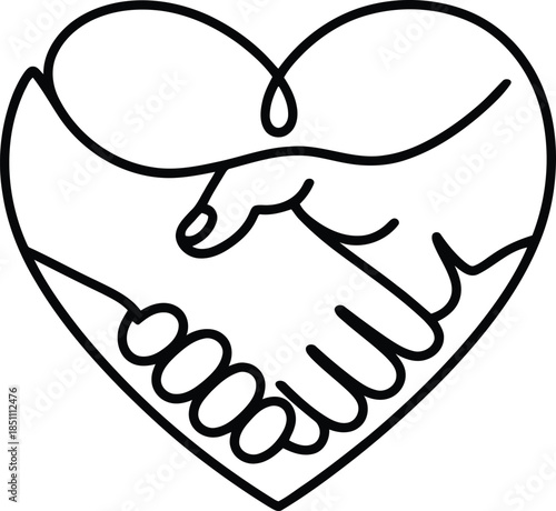Two hands shake inside a heart outline symbolizing partnership, love, unity, and support