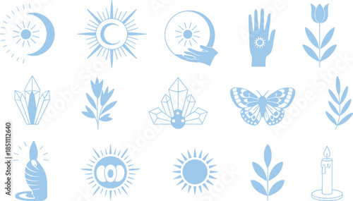 Mystical symbols illustration set, moon, eyes, hands, candles, flowers, stars, spiritual icons, occult magic, boho aesthetic design